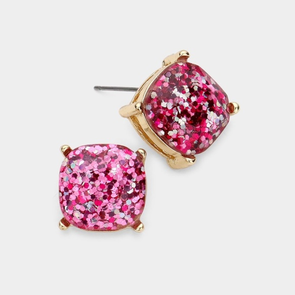 Fuchsia glitter stone stud earrings